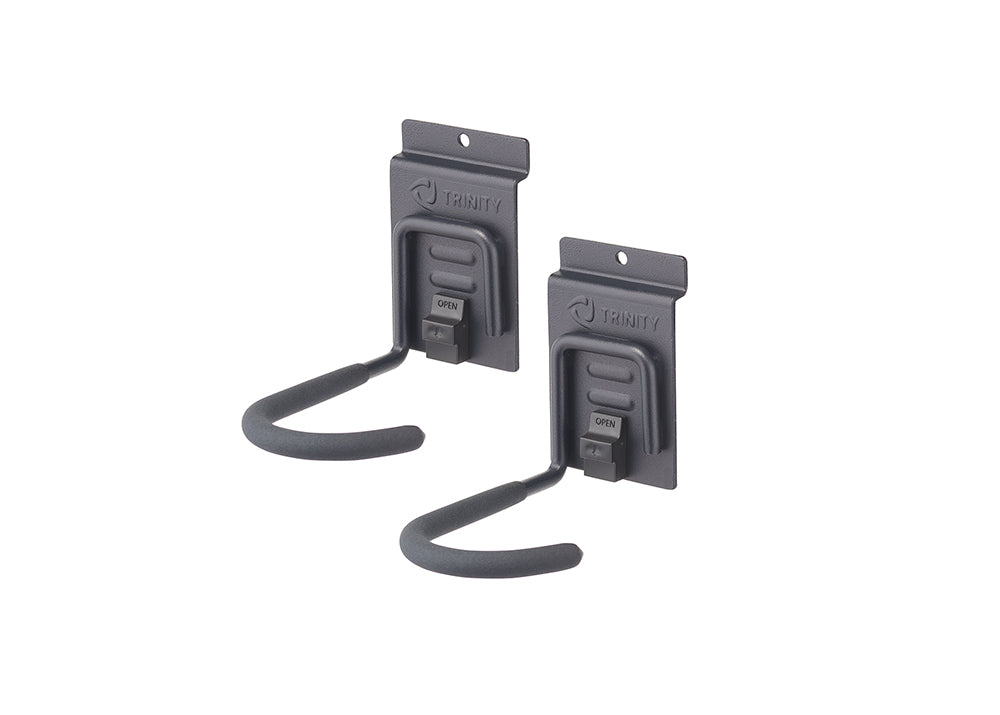 Two dark gray Trinity brand bike hooks are shown against a white background. Each hook has a padded, curved end and a mechanism on the mounting plate labeled "OPEN."