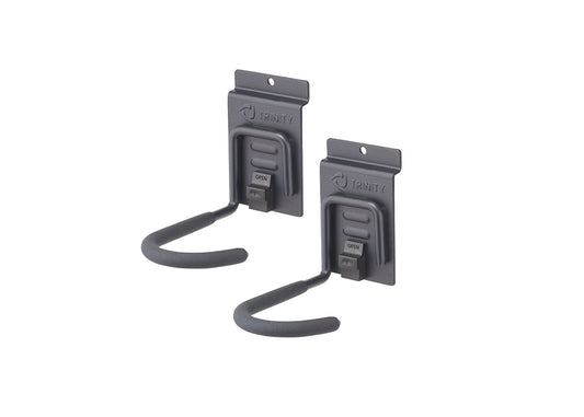 Two dark gray Trinity brand bike hooks are shown against a white background. Each hook has a padded, curved end and a mechanism on the mounting plate labeled "OPEN."