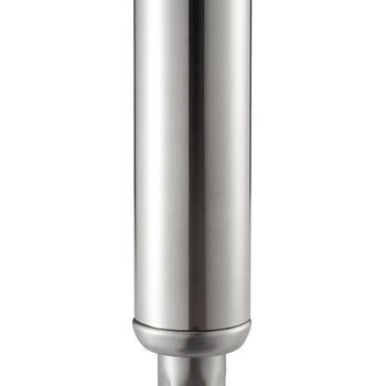 A close-up photograph shows the bottom of a cylindrical stainless steel post or leg. The main cylinder narrows slightly into a smaller, rounded metal foot or insert.