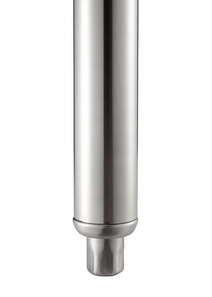 A close-up photograph shows the bottom of a cylindrical stainless steel post or leg. The main cylinder narrows slightly into a smaller, rounded metal foot or insert.