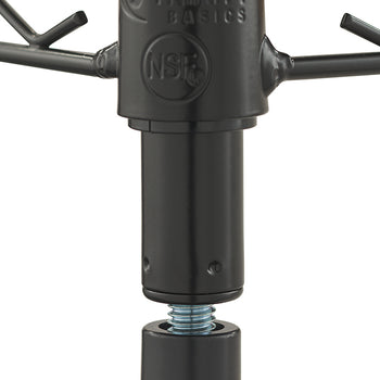 Close-up image of the bottom assembly of a black wire shelving unit, showing a shelf ring secured around a pole segment that is threaded into an adjustable leveling foot. The pole segment has the 