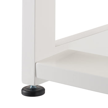 A close-up shot focuses on the bottom corner of a white furniture frame, featuring a square leg and a horizontal support beam. A black adjustable leveling foot is screwed into the base of the leg to provide stability on uneven floors.