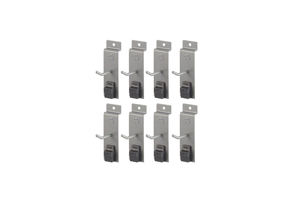 A set of eight gray-colored pegboard single 2 inch hooks are arranged in two rows of four against a white background. Each hook features a long, horizontal arm with an upward curve at the end, and a black "OPEN" clasp mechanism below the arm for secure attachment.
