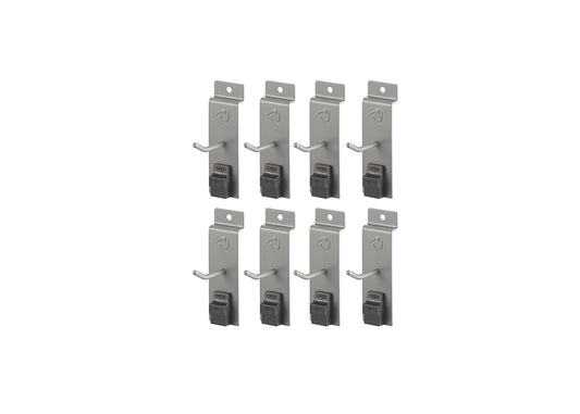 A set of eight gray-colored pegboard single 2 inch hooks are arranged in two rows of four against a white background. Each hook features a long, horizontal arm with an upward curve at the end, and a black "OPEN" clasp mechanism below the arm for secure attachment.
