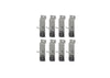 A set of eight gray-colored pegboard single 2 inch hooks are arranged in two rows of four against a white background. Each hook features a long, horizontal arm with an upward curve at the end, and a black "OPEN" clasp mechanism below the arm for secure attachment.
