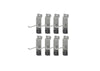 A set of eight gray-colored pegboard single four inch hooks are arranged in two rows of four against a white background. Each hook features a long, horizontal arm with an upward curve at the end, and a black "OPEN" clasp mechanism below the arm for secure attachment.