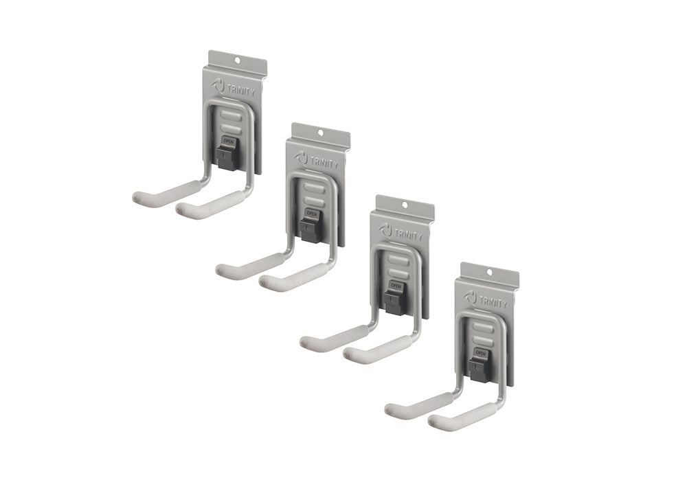 A set of four light gray, U-shaped 4 inches double hooks designed for storage, each with white, padded arms. The hooks are shown against a plain white background, spaced diagonally from top left to bottom right.