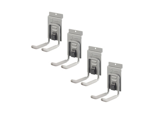 A set of four light gray, U-shaped 4 inches double hooks designed for storage, each with white, padded arms. The hooks are shown against a plain white background, spaced diagonally from top left to bottom right.