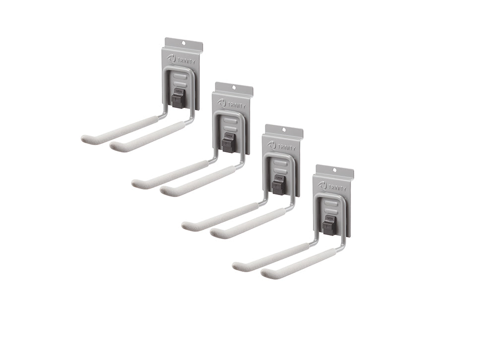 A set of four light gray, U-shaped 8 inch double hooks designed for storage, each with white, padded arms. The hooks are shown against a plain white background, spaced diagonally from top left to bottom right.