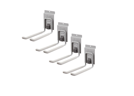 A set of four light gray, U-shaped 8 inch double hooks designed for storage, each with white, padded arms. The hooks are shown against a plain white background, spaced diagonally from top left to bottom right.