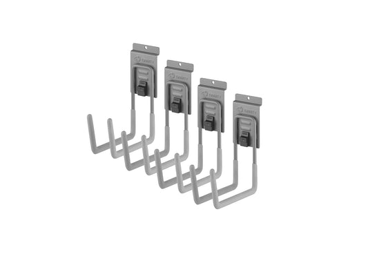 A product shot displays four identical, gray Trinity garage storage hooks. Each hook has a square wall-mounting plate with the Trinity logo, a mechanism marked "OPEN/CLOSE," and a U-shaped hook with a rubberized or padded coating.