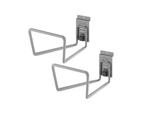 A set of two identical, light gray, metal storage hooks are shown against a white background. Each TRINITY brand hook features a thick, rounded wire frame shaped to hold objects like tools or hoses and has a quick-release mounting plate for easy attachment to a wall or storage system.