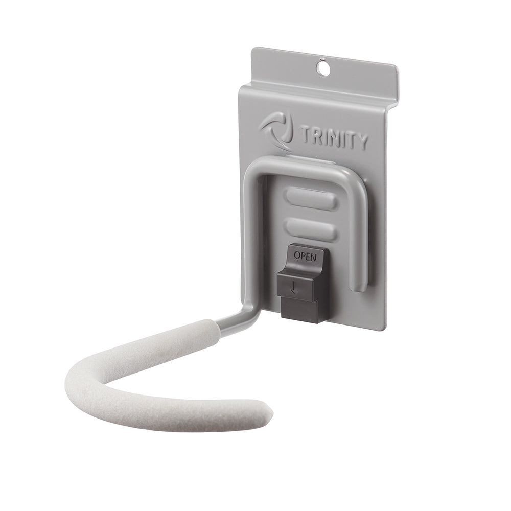 A gray Trinity wall-mounted utility hook with a locking mechanism and padded arm. The hook is designed for hanging items such as bicycles or tools securely.