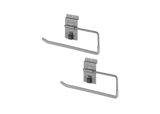 A set of two identical, metallic Trinity paper towel holders is shown against a white background. Each holder features a wall-mountable bracket with an 'OPEN'/'CLOSE' tab and a long, curved grey arm designed to hold a roll.