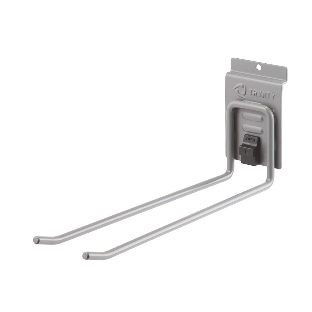 A metal wall-mounted utility hook with two long prongs, designed for holding tools, hoses, or other items. The hook features a locking mechanism and is branded with the "TRINITY" logo.