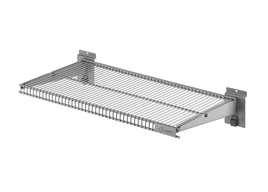 A silver, rectangular wire shelf is shown mounted on wall brackets. The shelf has closely spaced metal wires and a slight lip on the front edge.