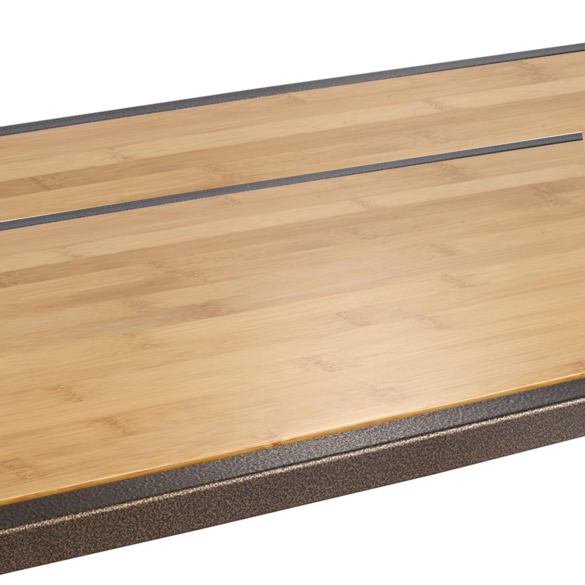 A pair of 13 inches high and 20 inches wide over lapping bronze anthracite shelves with bamboo liner.