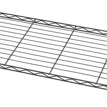 An angled, close-up view highlights the textured detail of a black wire shelf. The image showcases the grid pattern of the thin metal rods and the zig-zag reinforcing wire along the front edge.