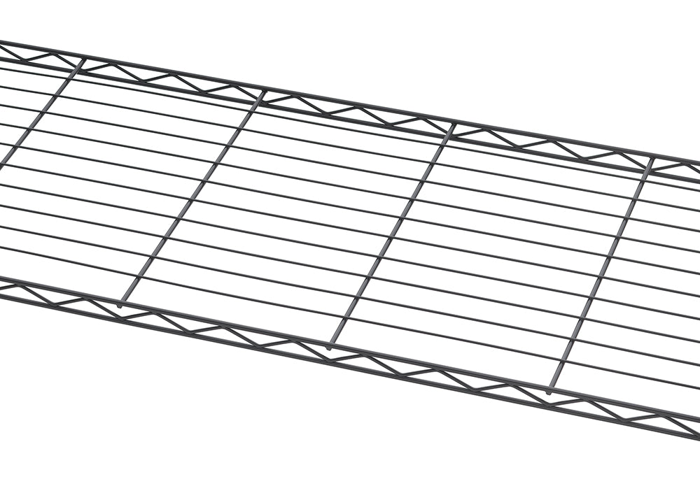An angled, close-up view highlights the textured detail of a black wire shelf. The image showcases the grid pattern of the thin metal rods and the zig-zag reinforcing wire along the front edge.
