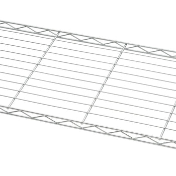A close-up photograph captures the details of a chrome wire shelf, featuring thin parallel rods and a wavy supporting wire truss along the front edge, all set against a plain white background. The shiny metallic finish of the open grid structure reflects the light.