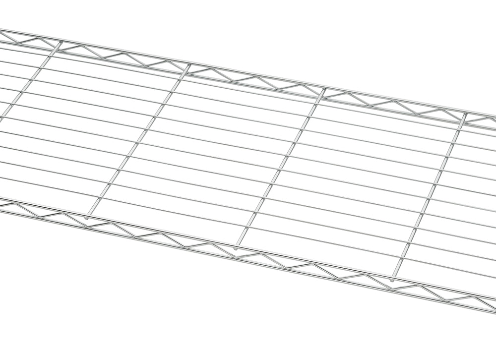 A close-up photograph captures the details of a chrome wire shelf, featuring thin parallel rods and a wavy supporting wire truss along the front edge, all set against a plain white background. The shiny metallic finish of the open grid structure reflects the light.