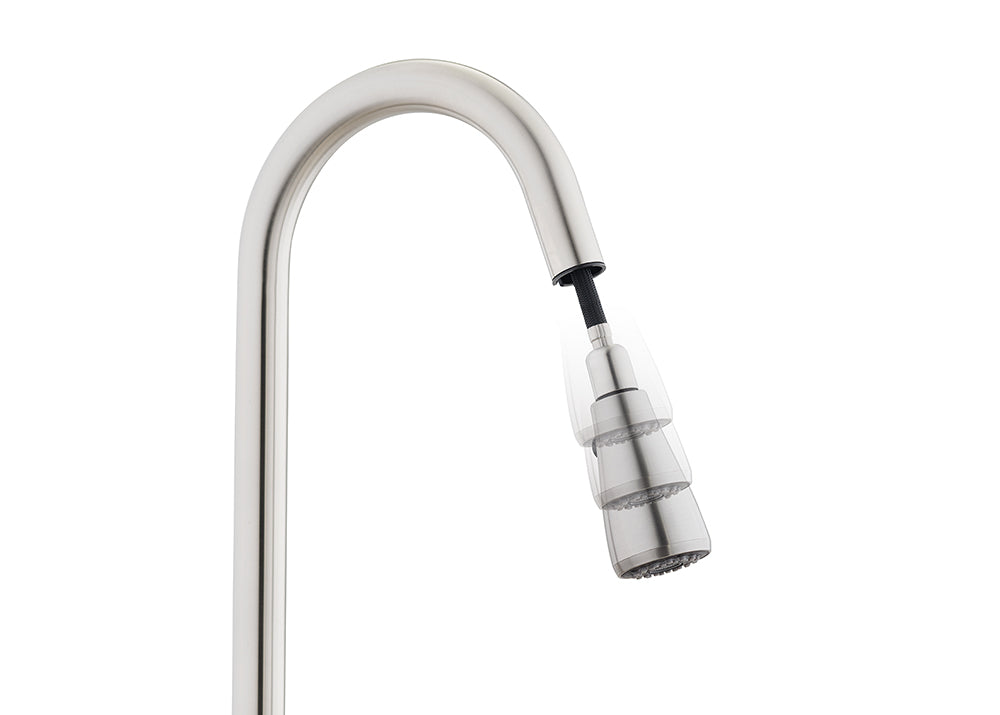 A close-up of a brushed nickel pull-down kitchen faucet shows the sprayer head extending from the curved neck. A transparent motion effect illustrates the sprayer being pulled downward, revealing the black hose inside.