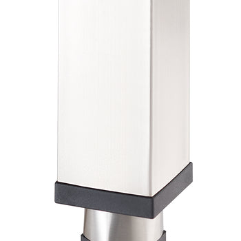 A close-up photograph shows the bottom of a square, brushed-metal furniture leg with a black plastic trim. The leg features a smaller, cylindrical adjustable foot at the base with a hexagonal black rubber grip for stability.