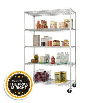 A five-tier chrome wire shelving unit on wheels is stocked with various pantry items, including canned goods, dry grains, and bottled drinks. A yellow and black circular badge in the bottom left corner features five stars and the text "As Seen On The Price Is Right."
