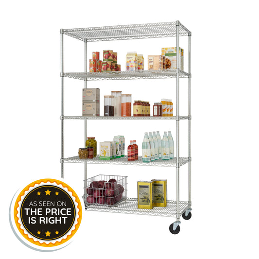A five-tier chrome wire shelving unit on wheels is stocked with various pantry items, including canned goods, dry grains, and bottled drinks. A yellow and black circular badge in the bottom left corner features five stars and the text "As Seen On The Price Is Right."