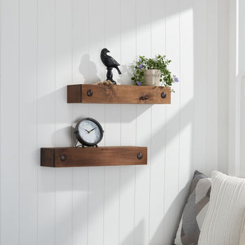 A pair of rustic wooden floating shelves are mounted on a white paneled wall, decorated with a black bird figurine, a potted plant with purple flowers, a small pile of stones, and a black-rimmed clock. Soft natural light casts shadows on the wall, enhancing the cozy and minimalist aesthetic.