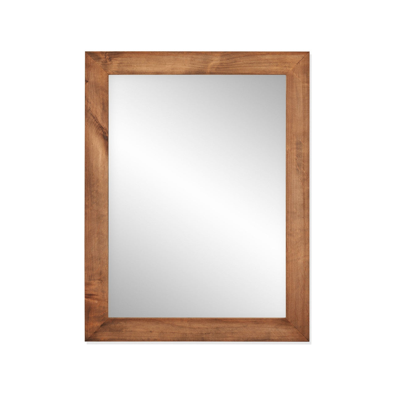 A close-up studio shot shows a rectangular mirror with a wooden frame. The wood grain is visible and the mirror reflects a neutral light, suggesting a high-quality, clear surface.
