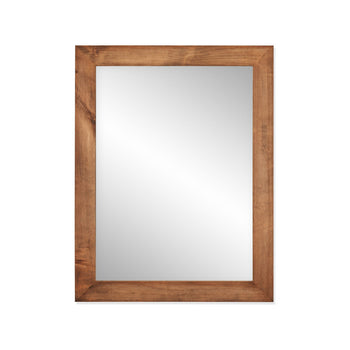 A close-up studio shot shows a rectangular mirror with a wooden frame. The wood grain is visible and the mirror reflects a neutral light, suggesting a high-quality, clear surface.