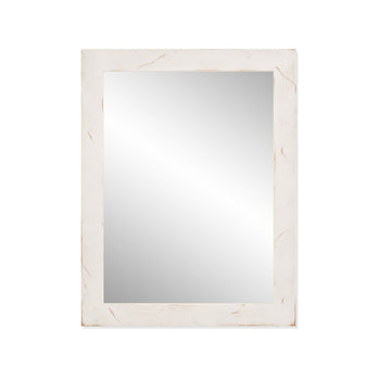 A rectangular mirror with a white, slightly distressed wooden frame is centered on a white background. The frame has a simple, farmhouse style.