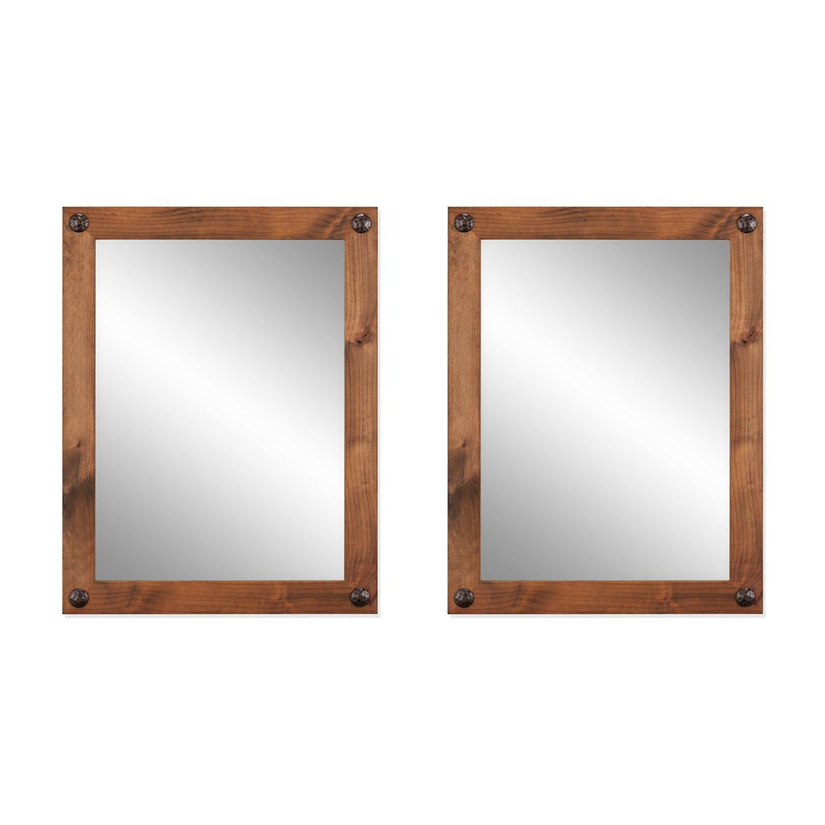 Two matching rectangular farmhouse-style mirrors with walnut frames and decorative nail heads are displayed side-by-side on a white background. The mirrors reflect a slightly lighter area, suggesting a window or light source opposite them.