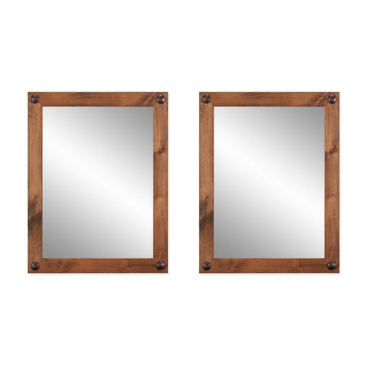 Two matching rectangular farmhouse-style mirrors with walnut frames and decorative nail heads are displayed side-by-side on a white background. The mirrors reflect a slightly lighter area, suggesting a window or light source opposite them.