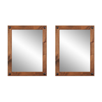 Two matching rectangular farmhouse-style mirrors with walnut frames and decorative nail heads are displayed side-by-side on a white background. The mirrors reflect a slightly lighter area, suggesting a window or light source opposite them.