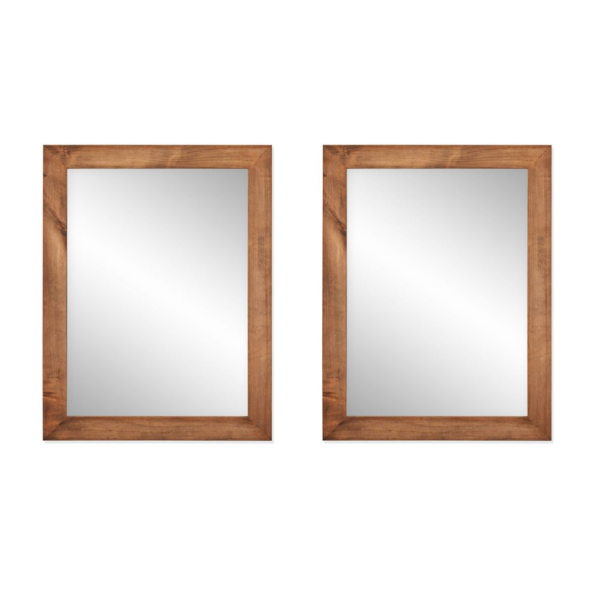 A pair of rectangular mirrors with wooden frames are displayed side by side against a white background. The frames have a natural wood finish with visible grain patterns, giving them a rustic appearance.