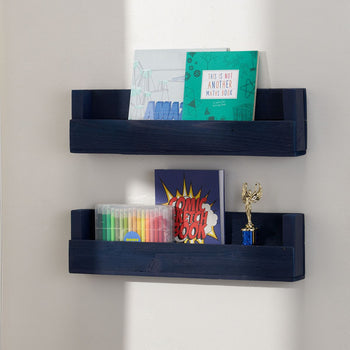 Two navy blue wooden wall shelves are mounted on a white wall, holding books, a set of colorful markers, and a small golden trophy. The top shelf contains books, including one titled This Is Not Another Maths Book, while the bottom shelf holds a Comic Sketch Book, markers, and a trophy.