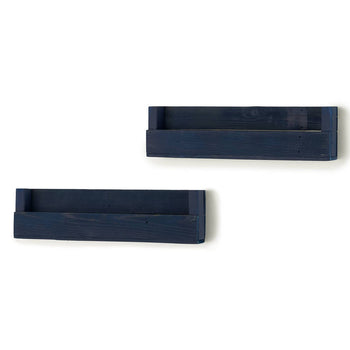 Two dark blue floating shelves are mounted on a white wall. The shelves are empty and appear to be made of wood.