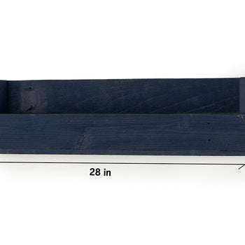 A dark blue wooden wall shelf is shown from a slightly elevated front view against a white background. The shelf is rectangular, measuring 28 inches wide, 8 inches tall, and 4 inches deep.