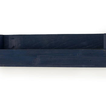 A dark blue, rustic wooden shelf floats against a bright white background. The simple, rectangular shelf is made of reclaimed wood with a slightly textured finish.