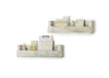 A set of two rustic wooden wall shelves in a distressed white finish, mounted on a white background. The shelves hold various stationery items, including notepads, a clipboard, books, and decorative elements.