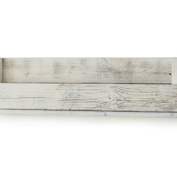 A weathered white wooden shelf with a rustic charm is mounted on a white wall. The shelf features a simple design with a horizontal plank and a raised lip at the front, showcasing the natural grain and imperfections of the reclaimed wood.