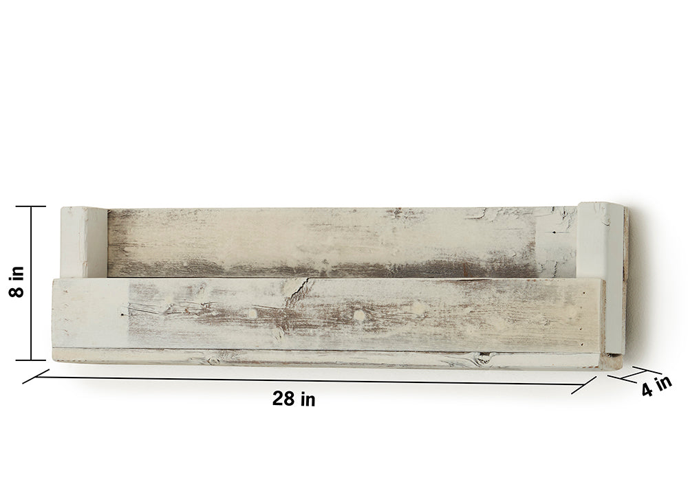 A white wooden rectangular floating shelf is shown from a front-facing perspective against a white background. The shelf has dimensions of 28 inches in length, 4 inches in depth, and 8 inches in height.
