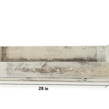 A white wooden rectangular floating shelf is shown from a front-facing perspective against a white background. The shelf has dimensions of 28 inches in length, 4 inches in depth, and 8 inches in height.
