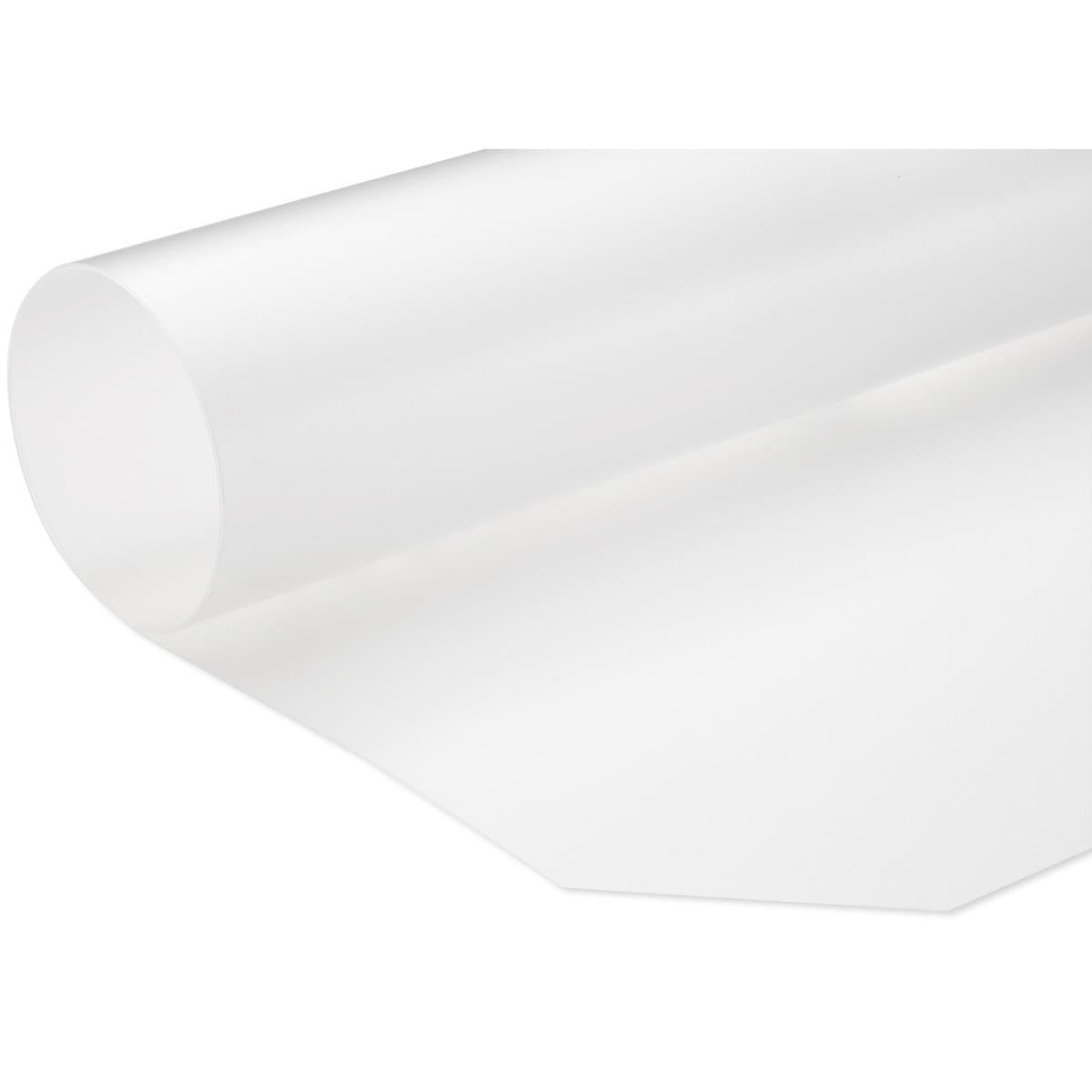 A roll of 48 inches wide by 18 inches deep translucent frosted clear shelving liner with portion partially unrolled showing its smooth texture and translucent color.