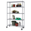 A gray 5-Tier Steel Wire Shelving Unit  on wheels is shown, fully stocked with various gardening supplies. The shelves hold items such as potted plants, bags of soil, gardening tools, a coiled green hose, and different sizes of plant pots, all organized for easy access.