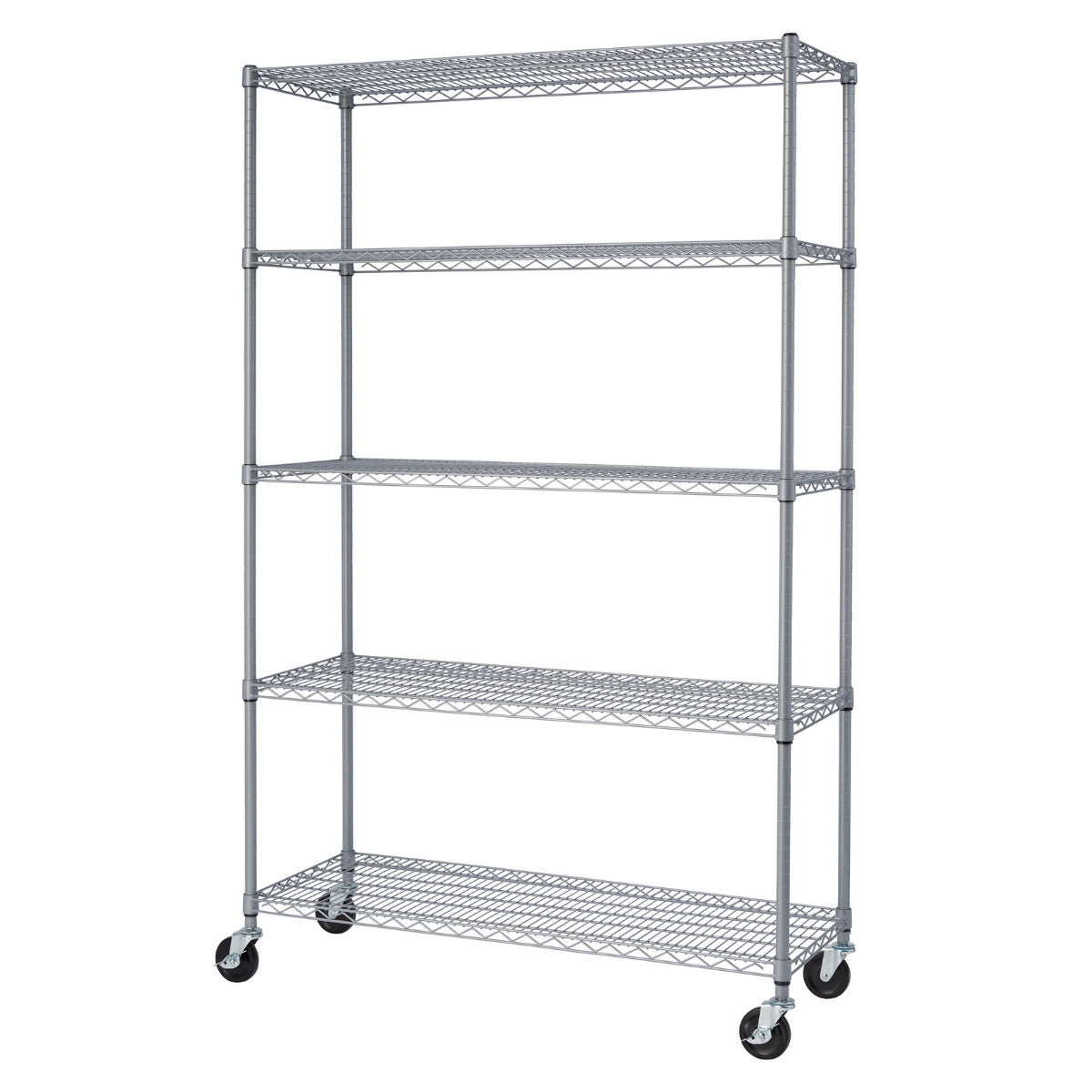 A full-length shot shows a gray epoxy 5-Tier Wire Shelving Unit on wheels against a white background. The unit has five shelves made of wire grids and four vertical support poles, with two locking caster wheels visible at the front base.