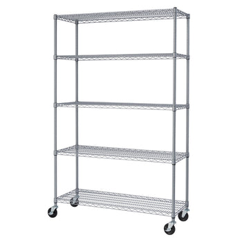 A full-length shot shows a gray epoxy 5-Tier Wire Shelving Unit on wheels against a white background. The unit has five shelves made of wire grids and four vertical support poles, with two locking caster wheels visible at the front base.