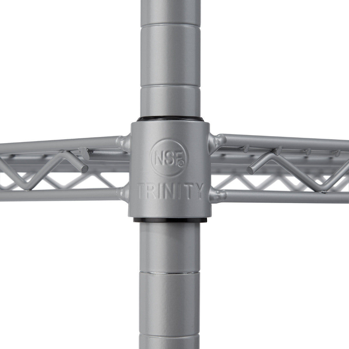 A close-up shot of a gray metal shelving unit shows the "TRINITY" brand name and "NSF" certification logo embossed on a connecting collar. The collar joins a vertical pole with horizontal wire shelving, highlighting the sturdy construction of the Trinity 5-Tier Outdoor Wire Shelving Rack.